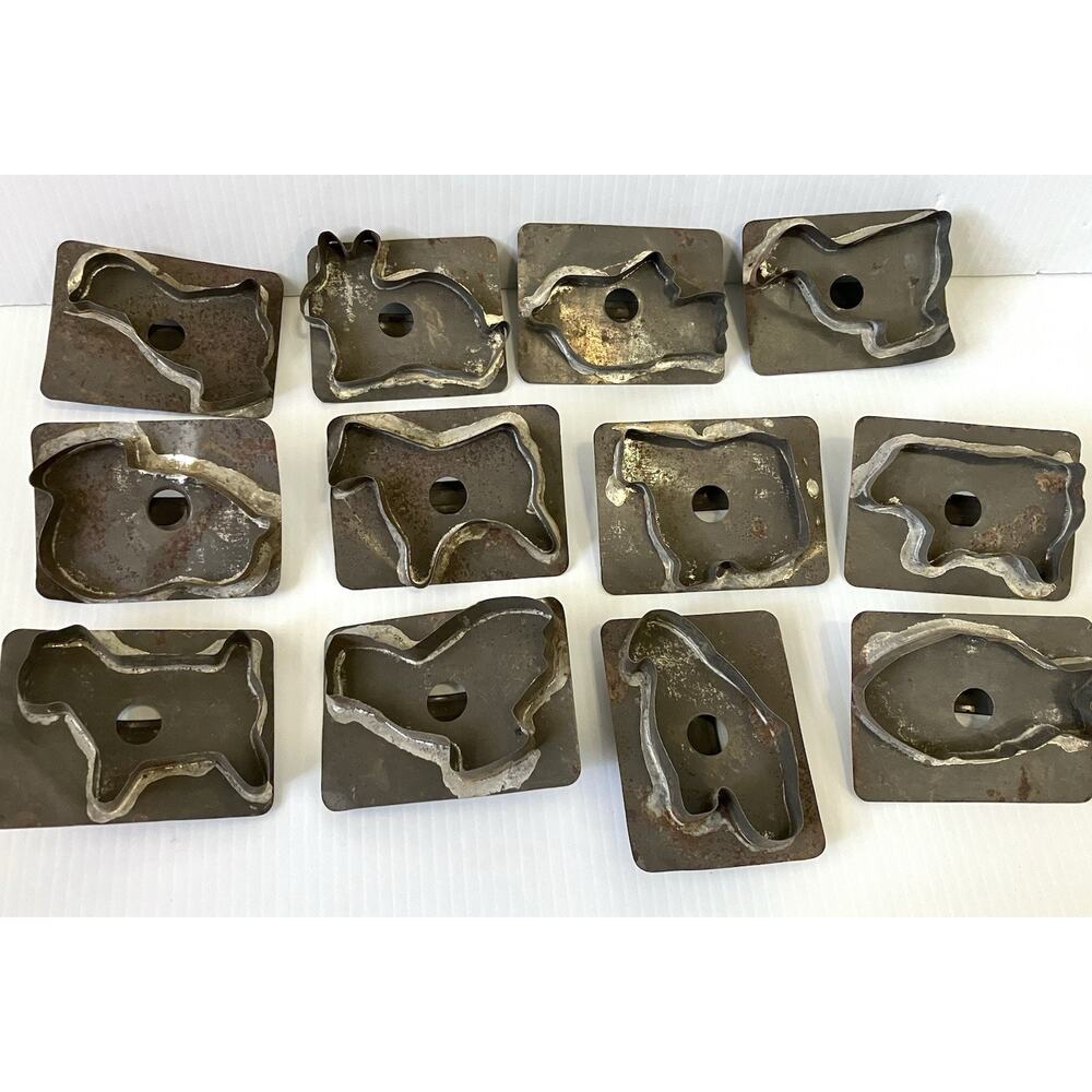 Antique Tin Metal Cookie Cutters Lot Of 12 Primitive Farm Animals, Birds, Fish